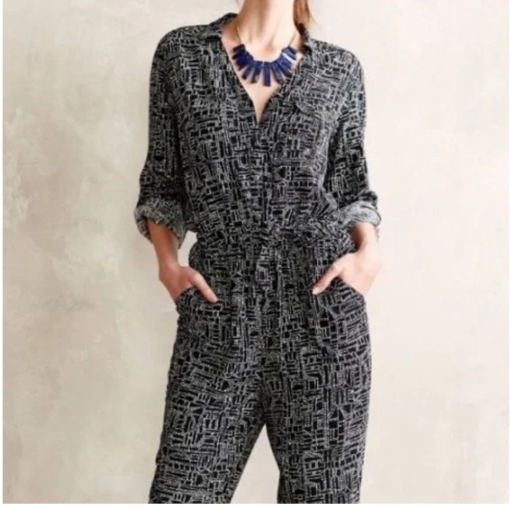 Anthropologie Lilia Black and White Geometric Patterned Jumpsuit - Picture 2 of 6